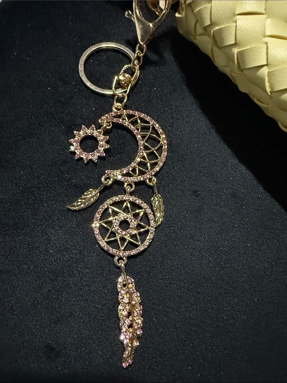 Gold Tone Pink Crystal Dreamcatcher Keychain/Bag Charm